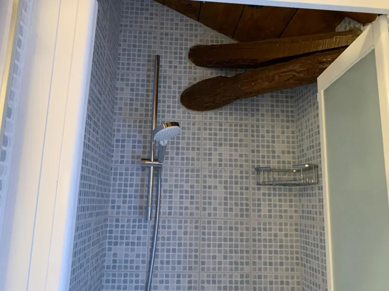 Doccia rivestita a mosaico sotto le travi in legno